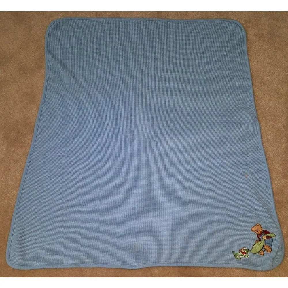 Blue Jean Teddys Bear Waffle Knit Thermal Blanket Dog Baby Boy Lovey SPOT AS IS